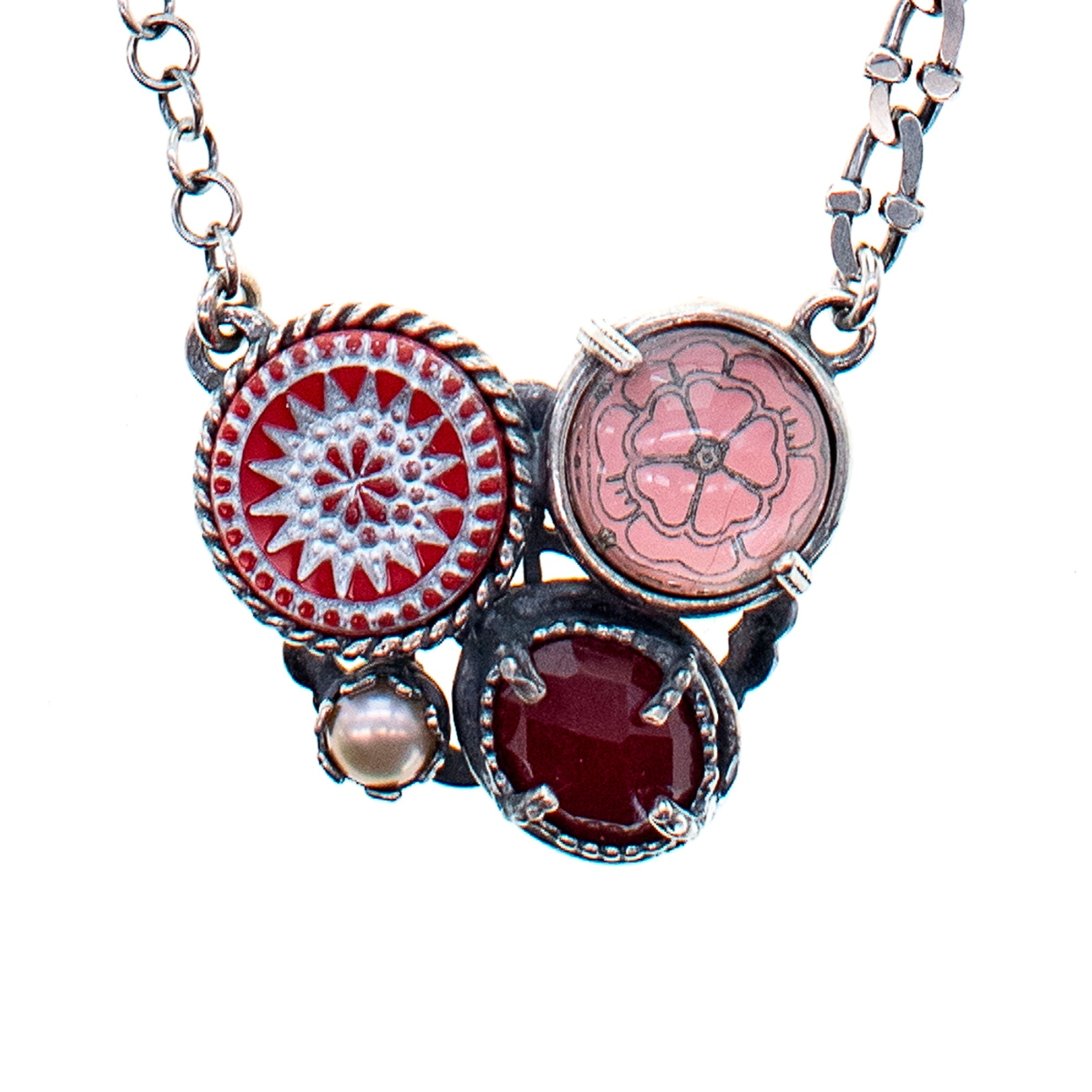 NK 25e05A Pink-Red Cluster Necklace