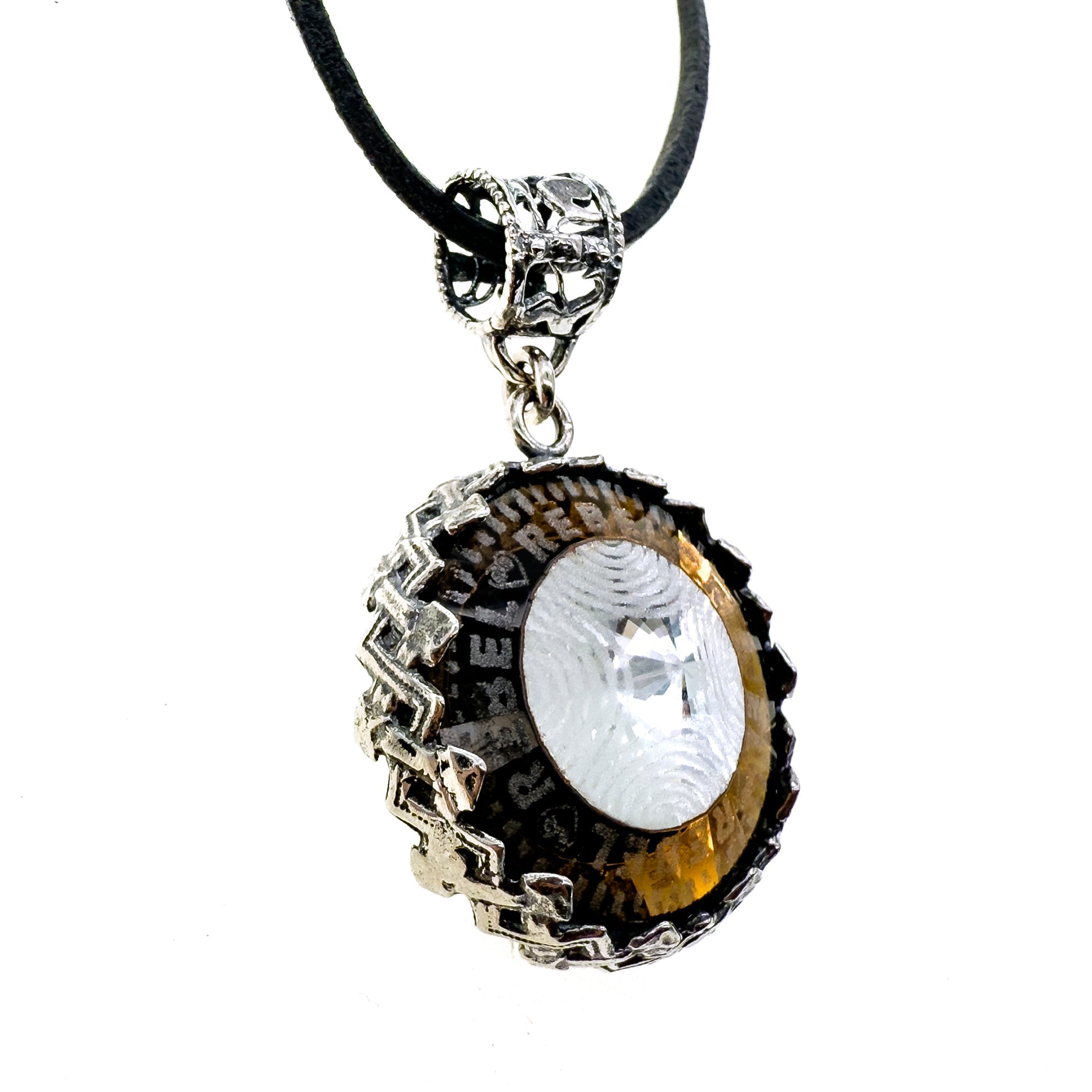 NK 25f02A Rebel Rebel Brown engraved glass crystal necklace