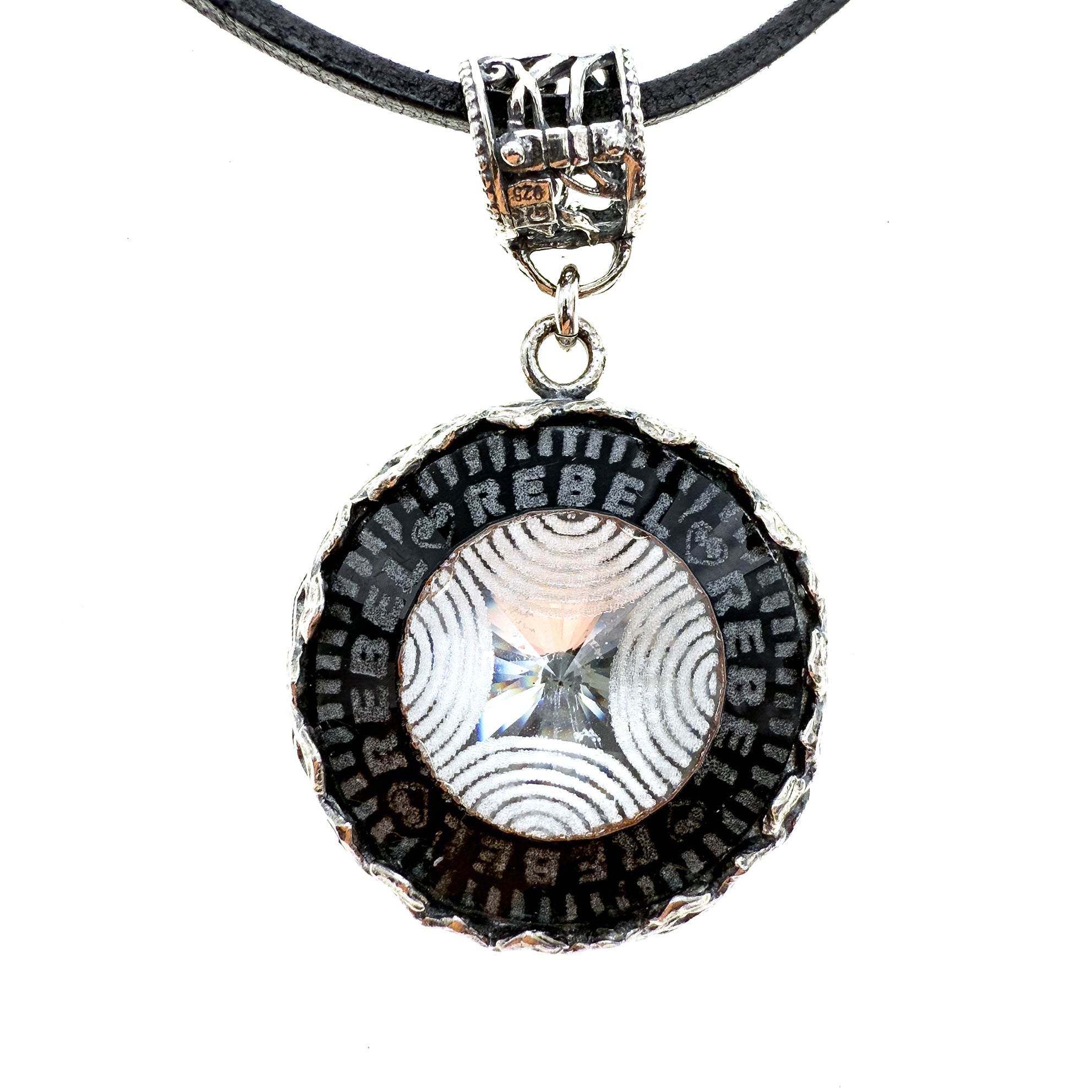 NK 25f02B Rebel Rebel Black engraved glass crystal necklace