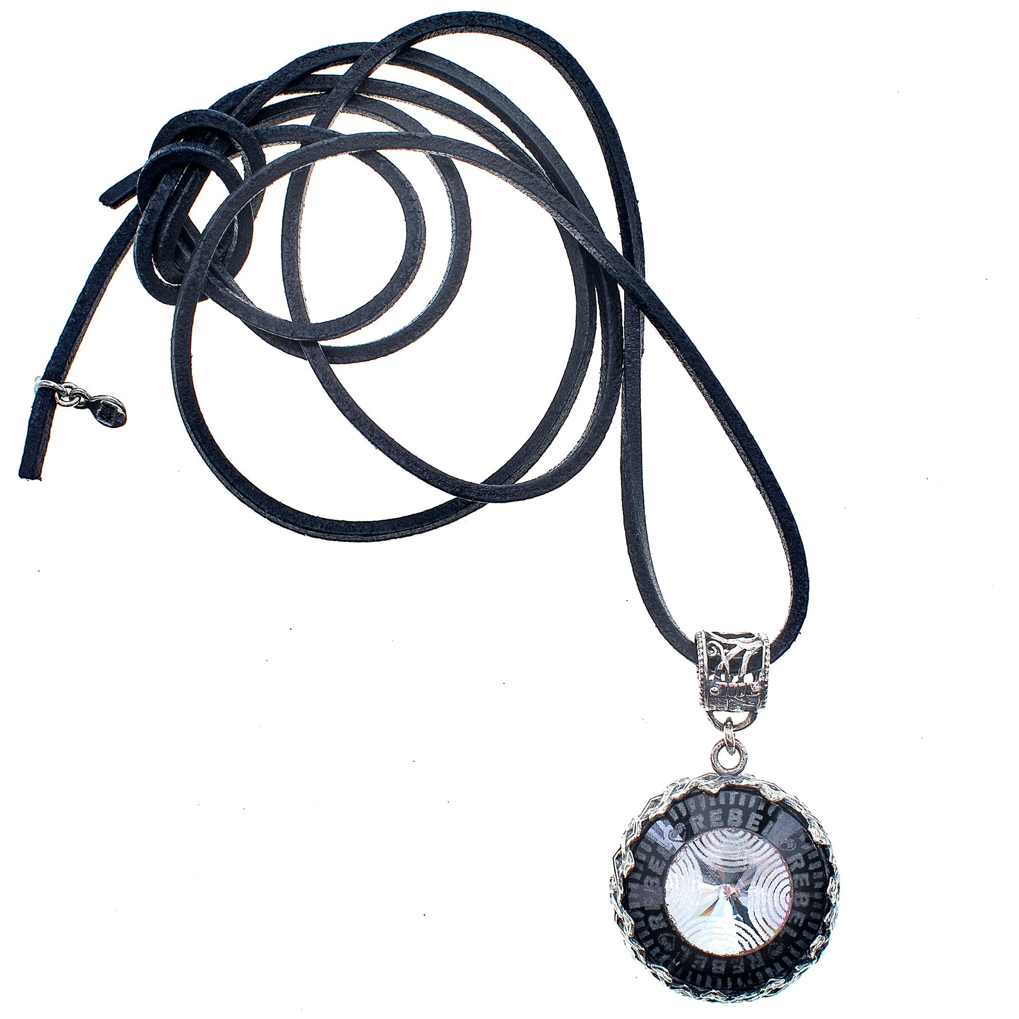 NK 25f02B Rebel Rebel Black engraved glass crystal necklace