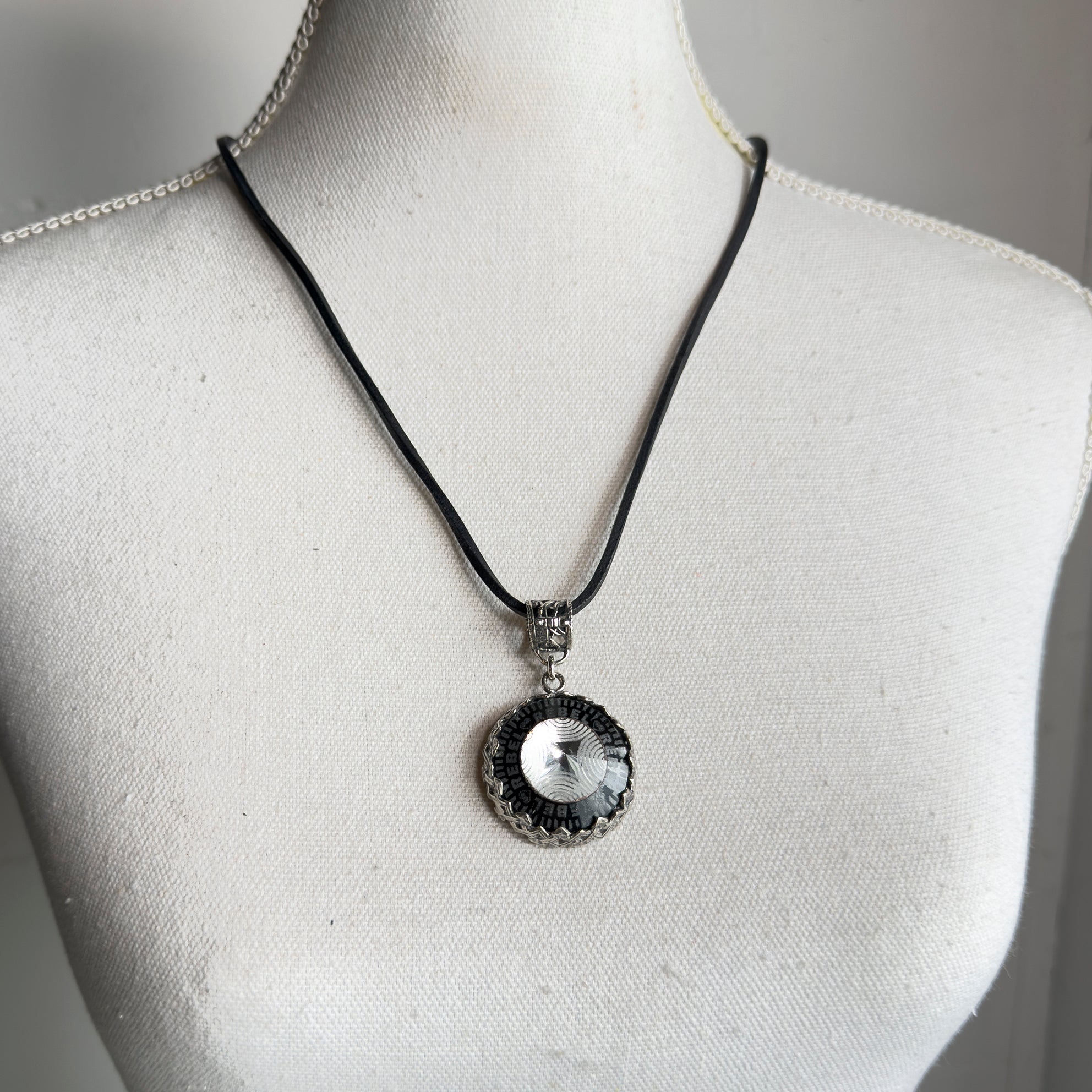 NK 25f02B Rebel Rebel Black engraved glass crystal necklace