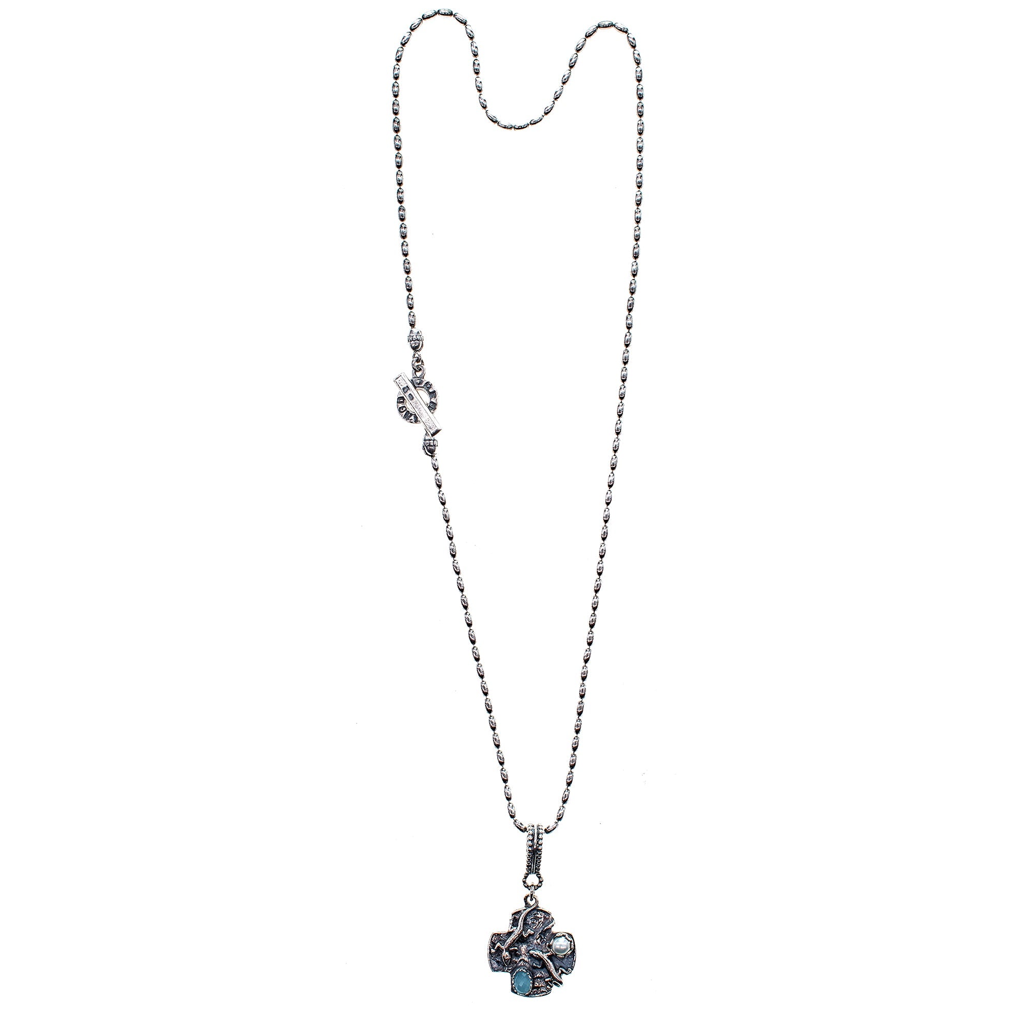 NK 25f06A Aqua Lizard Cross Necklace