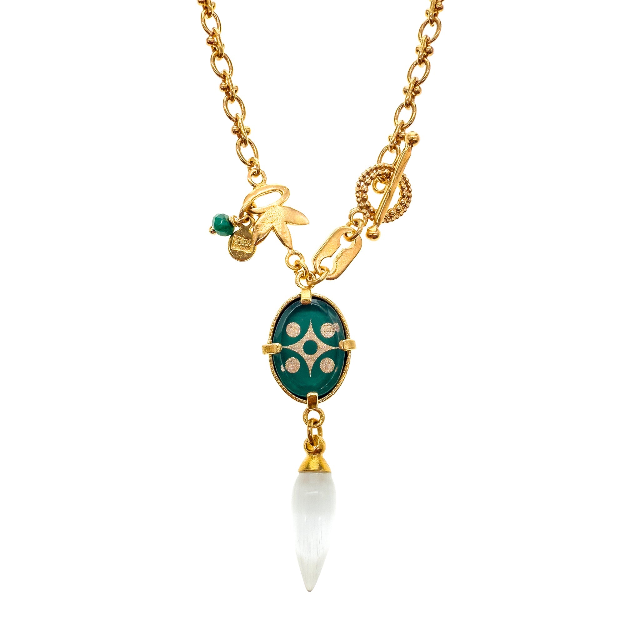 NK 25g30D green Intaglio Pendant Textured Link Necklace
