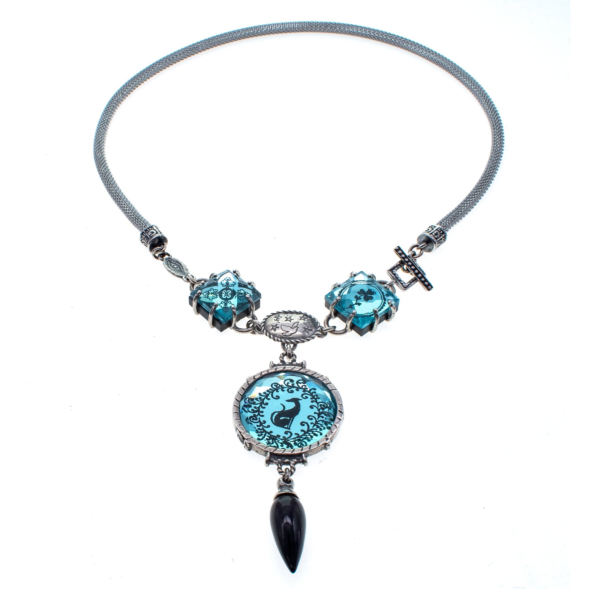 NK 26a02 Blue Intaglio Glass Mesh Chain Necklace