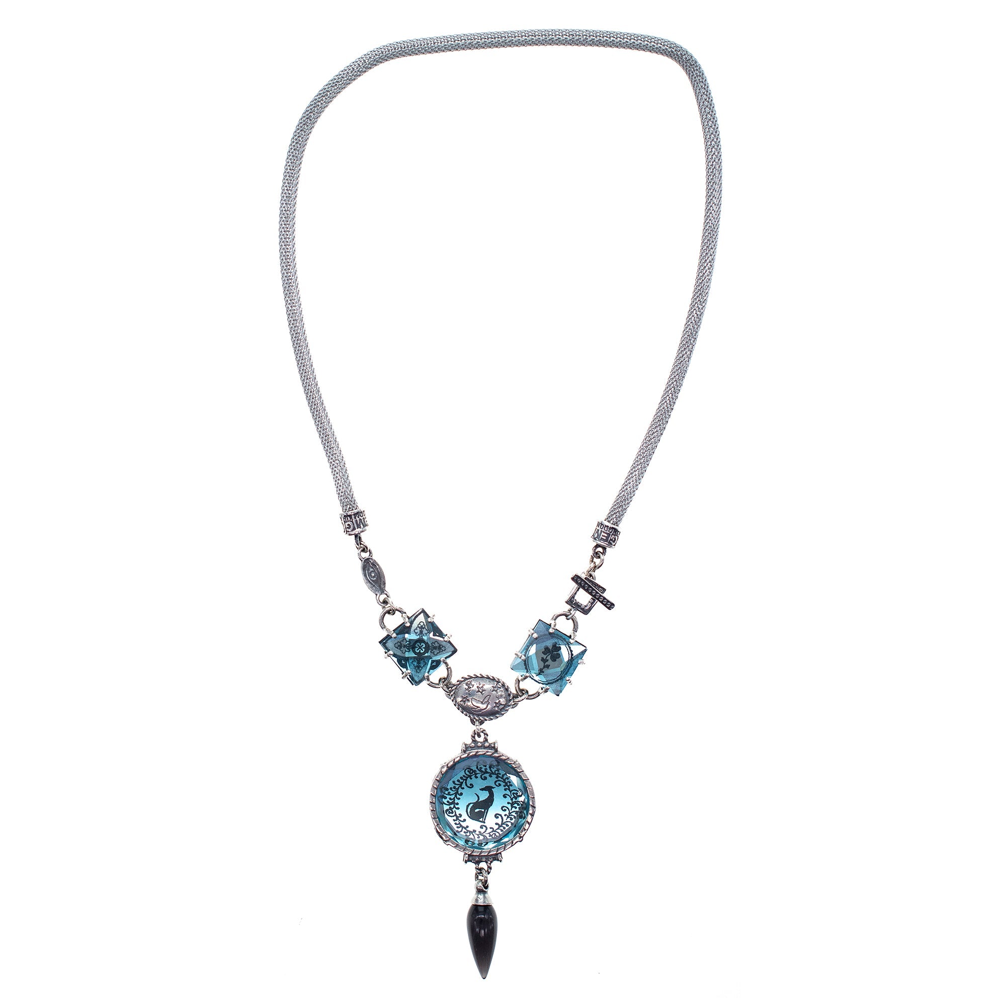 NK 26a02 Blue Intaglio Glass Mesh Chain Necklace