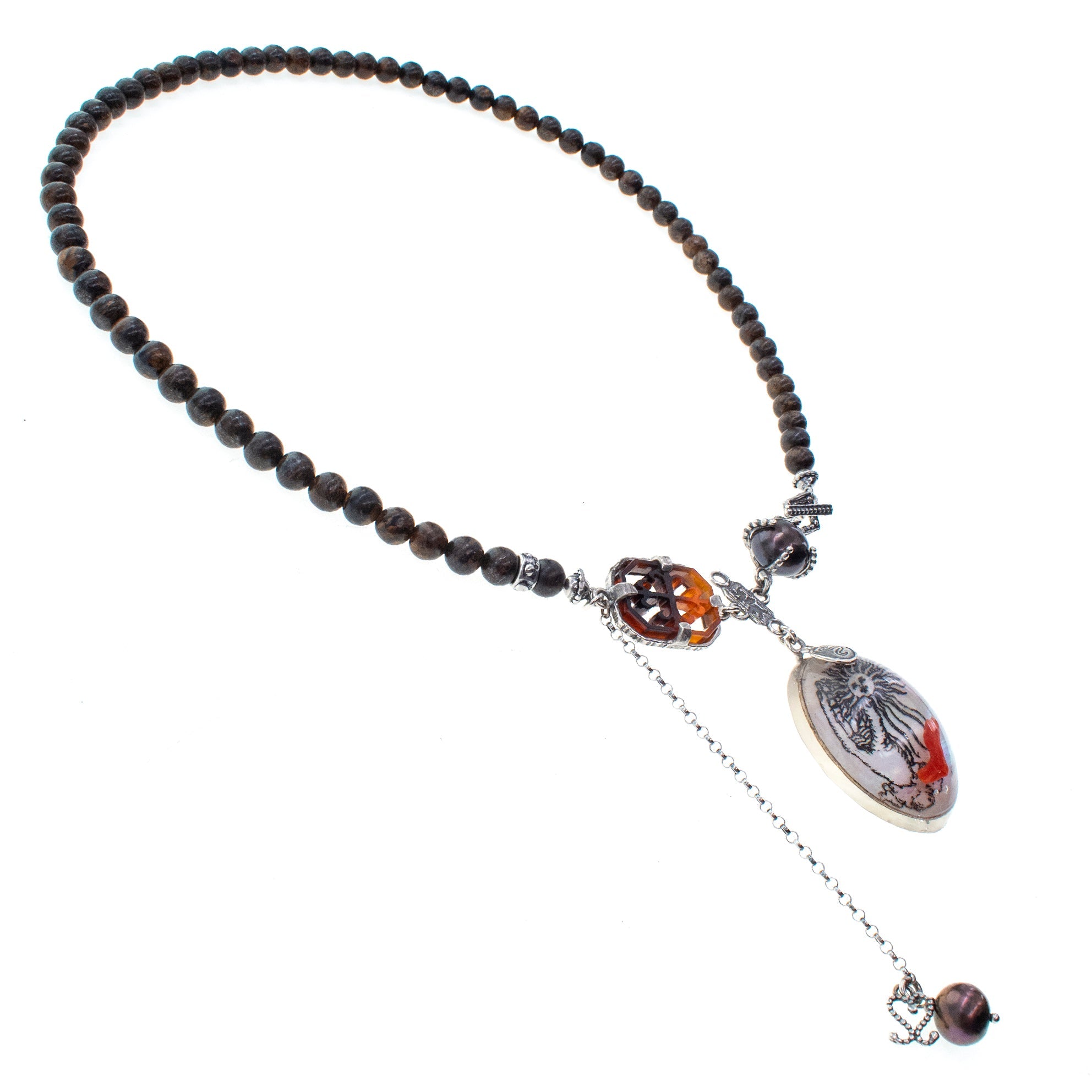 NK 26a04 Bronzite & Coral Resin Necklace