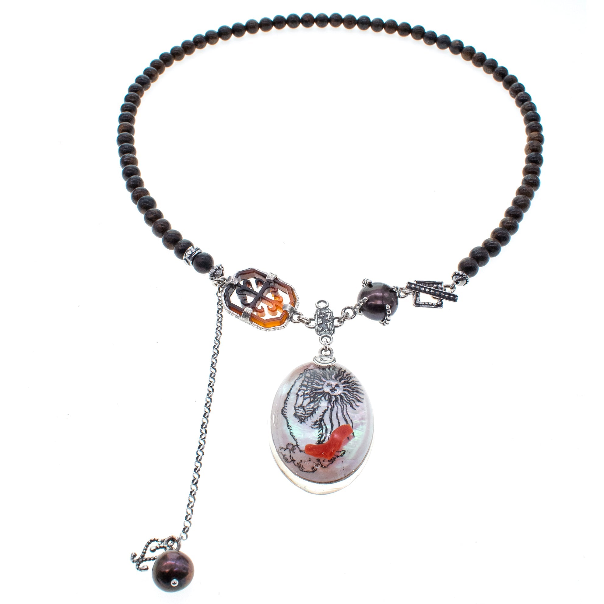 NK 26a04 Bronzite & Coral Resin Necklace