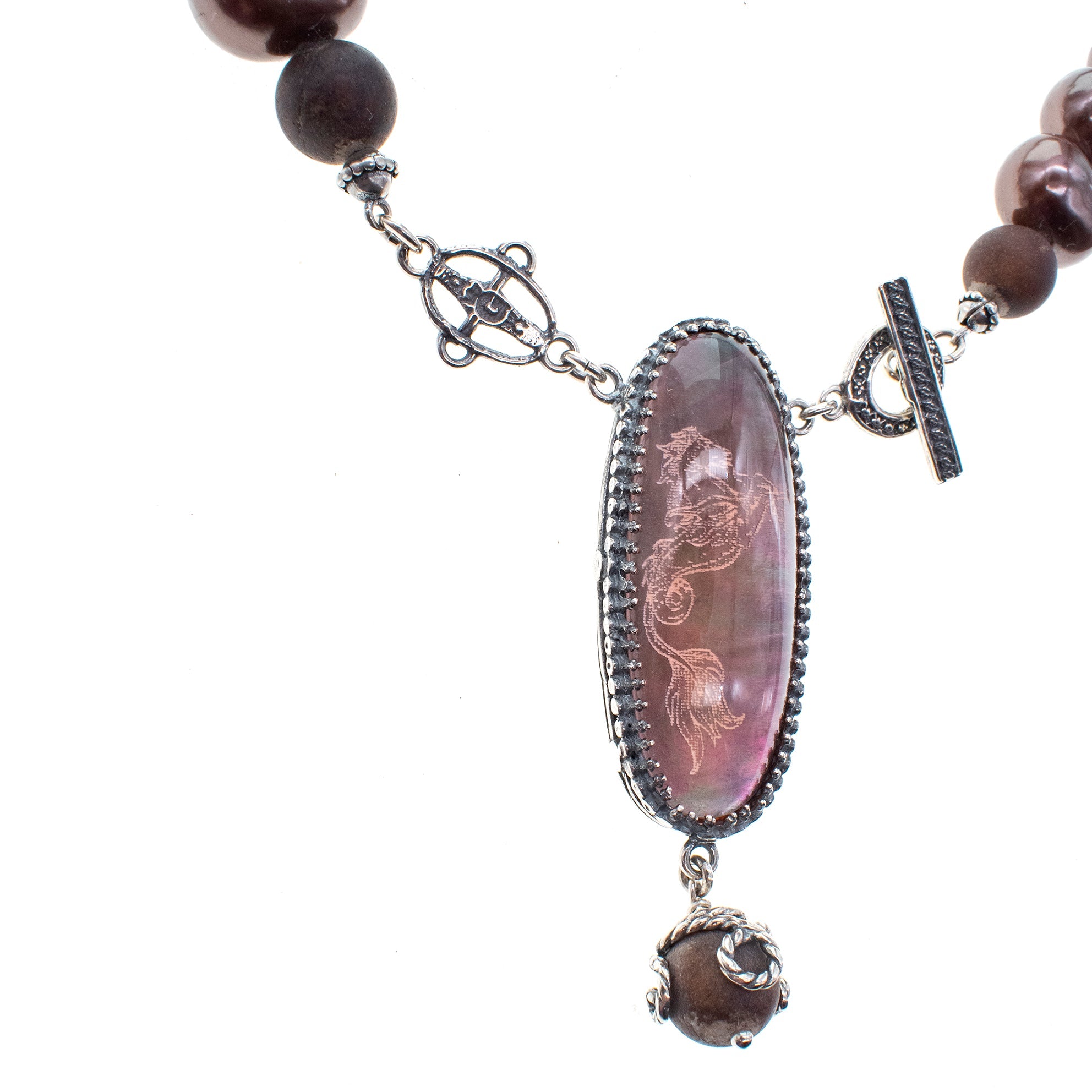 NK 26a05 Brown Shell Pearl & Pink Bohemian Crystal Necklace