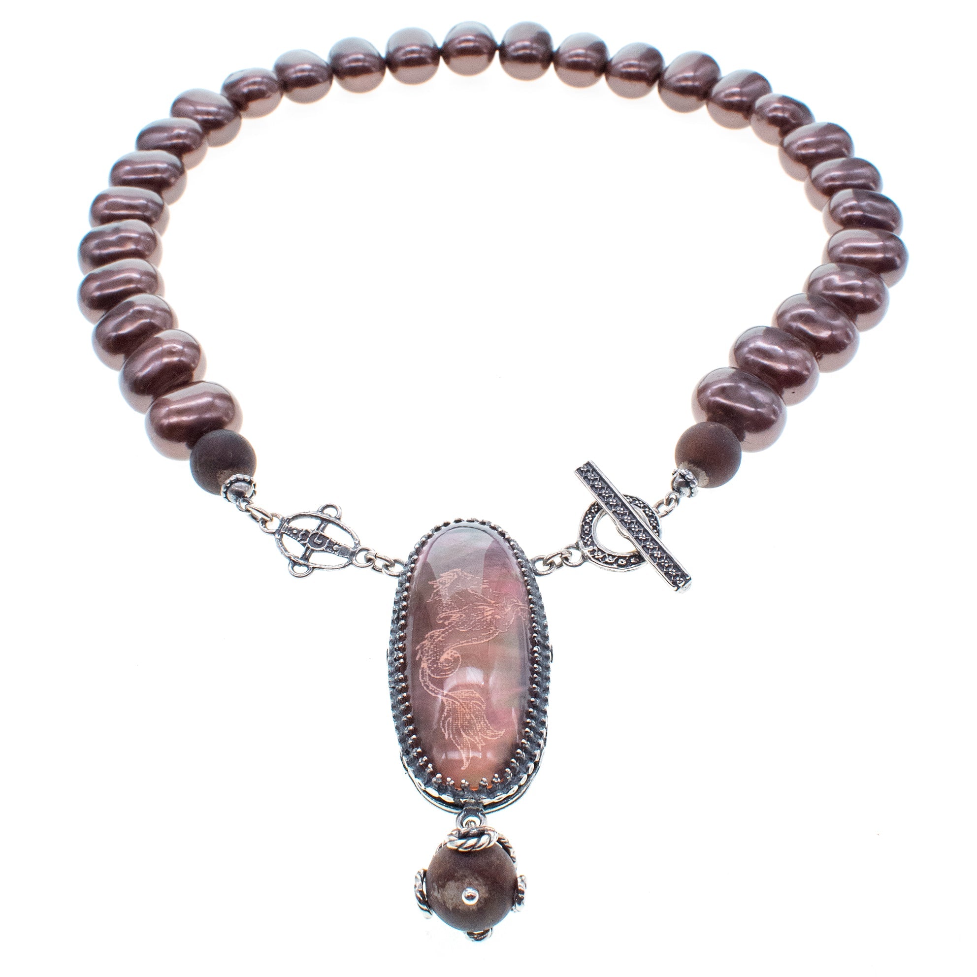 NK 26a05 Brown Shell Pearl & Pink Bohemian Crystal Necklace