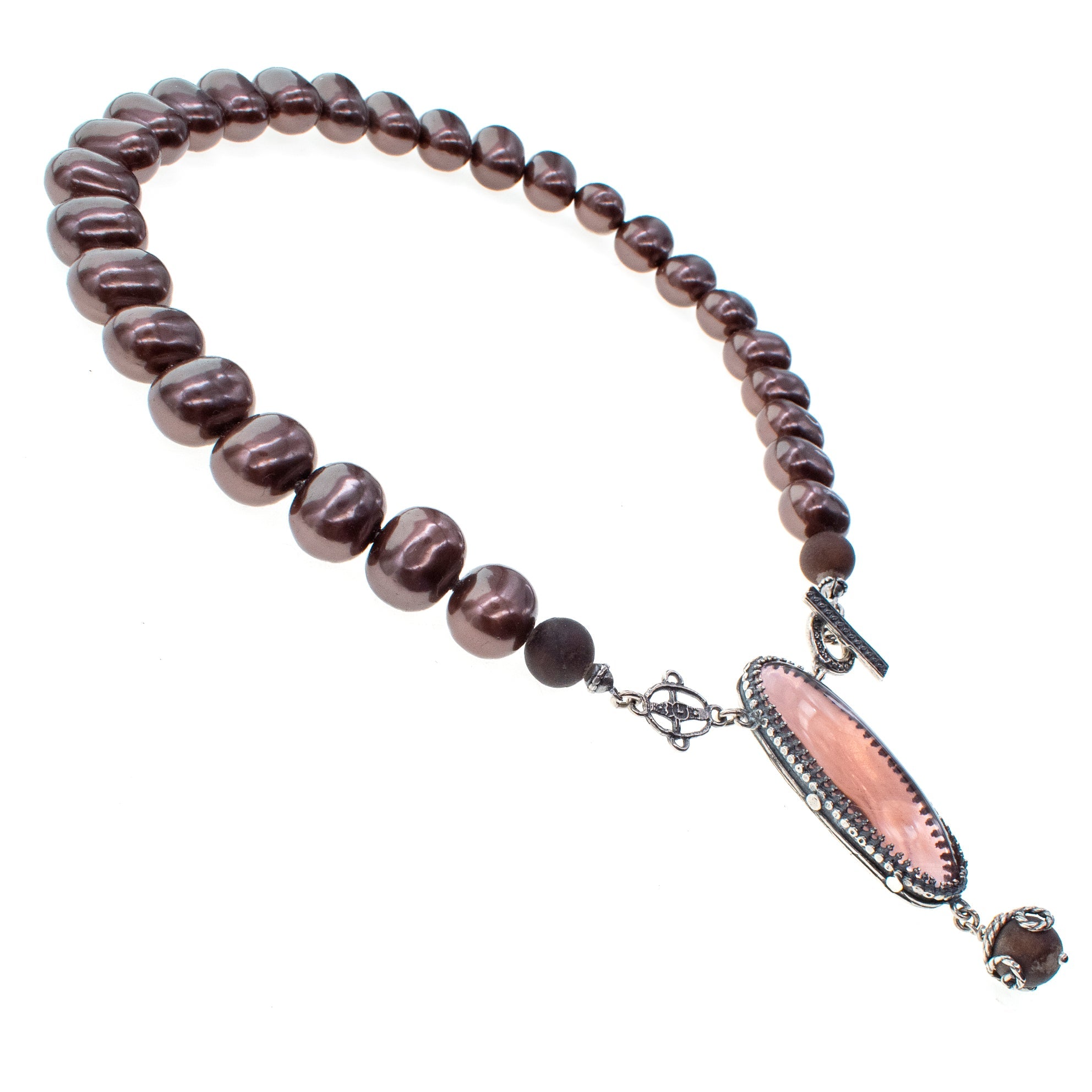 NK 26a05 Brown Shell Pearl & Pink Bohemian Crystal Necklace