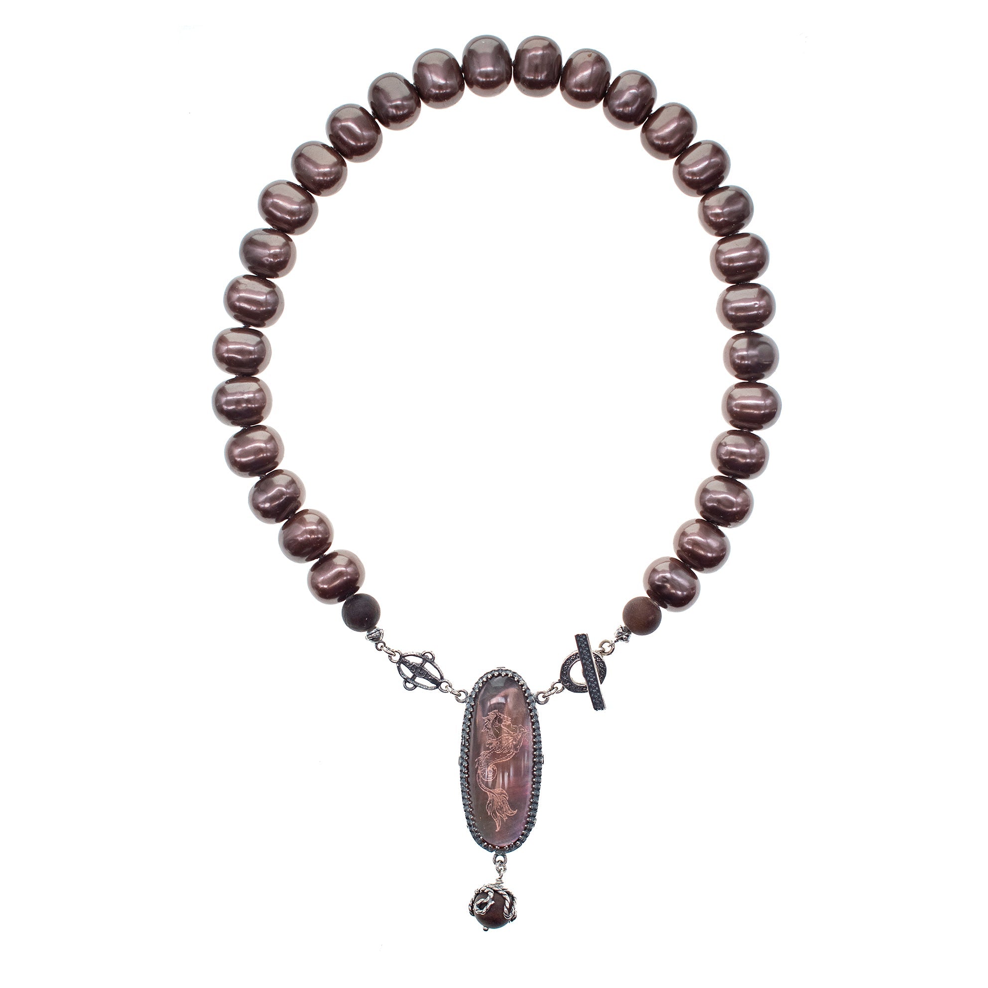 NK 26a05 Brown Shell Pearl & Pink Bohemian Crystal Necklace