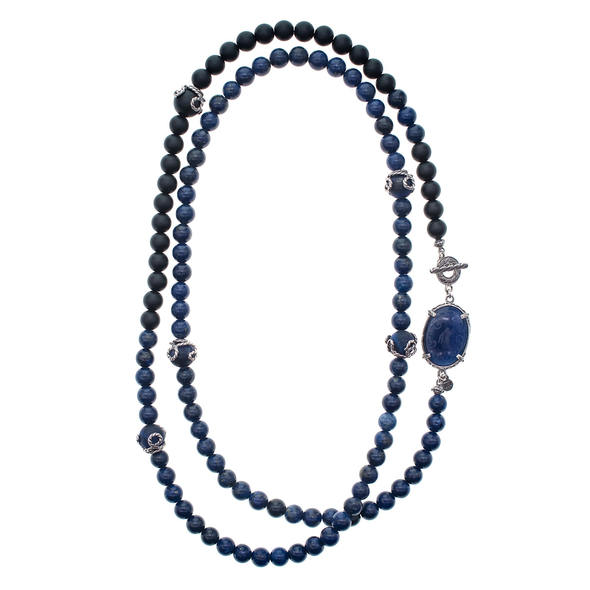 NK 26a08 Blue Lapis & Matte Black Onyx Long Necklace