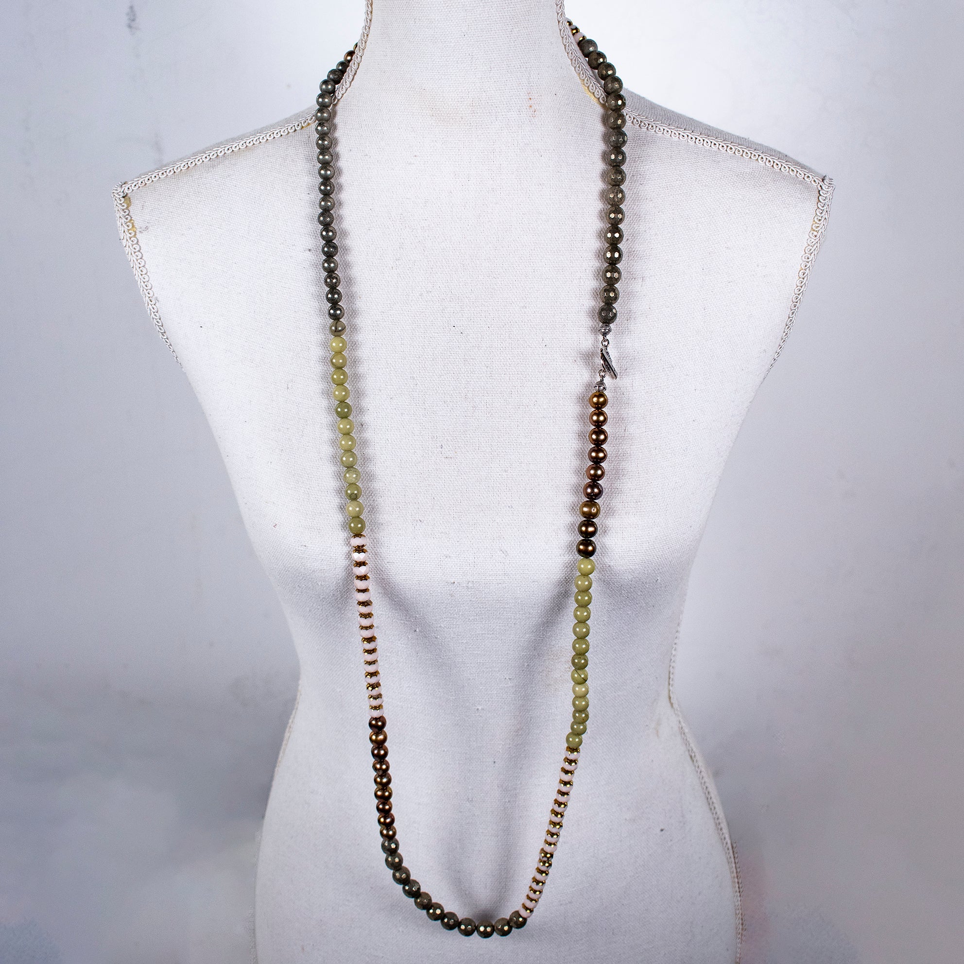 NK 26a09 Matcha Agate & Pyrite Extra Long Necklace