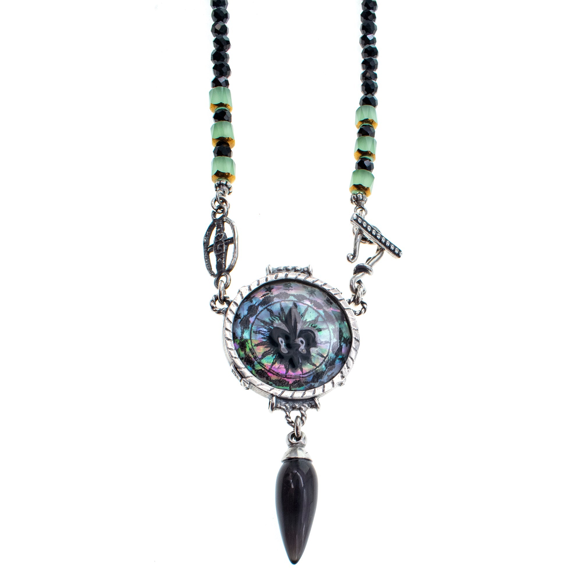 NK 26a12 Fleur-de-Lis Resin And Black Spinel Long Necklace