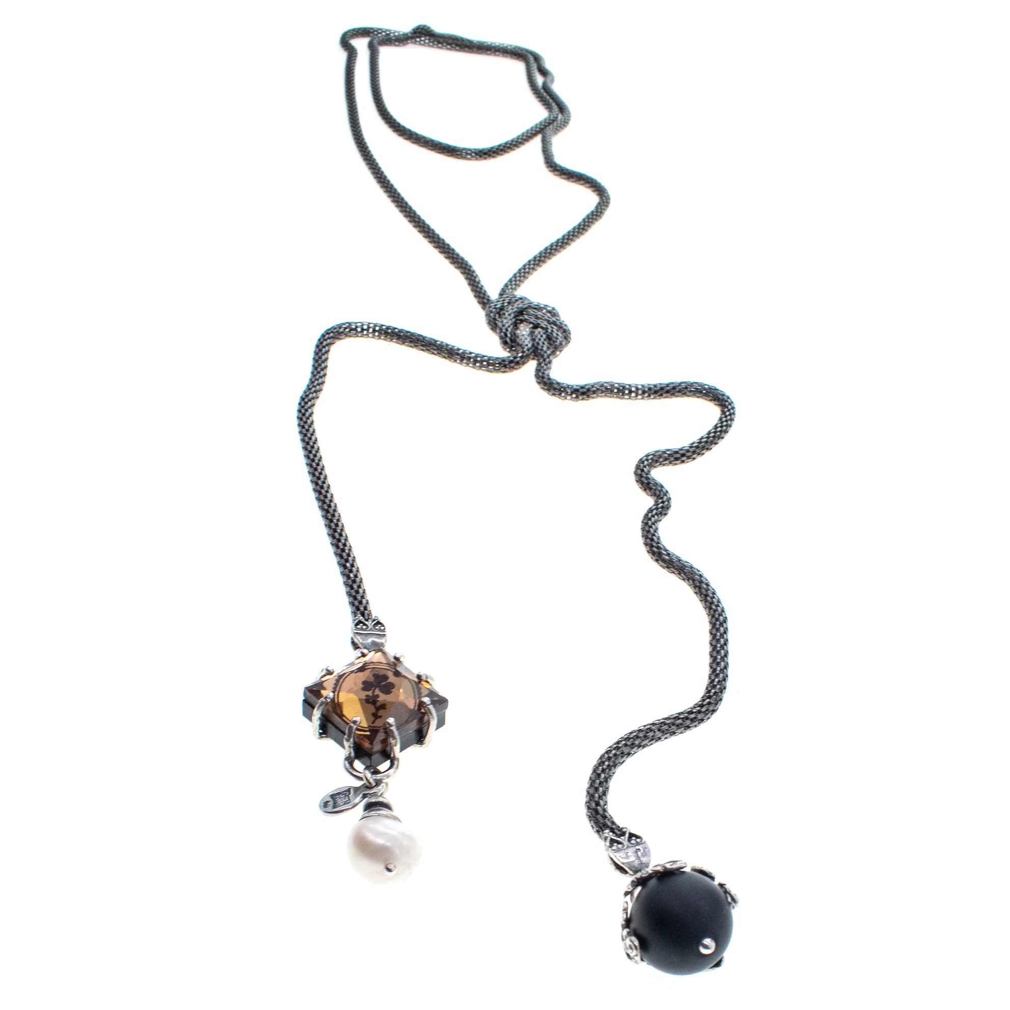 NK 26a14 Glass Intaglio Mesh Chain Lariat Necklace