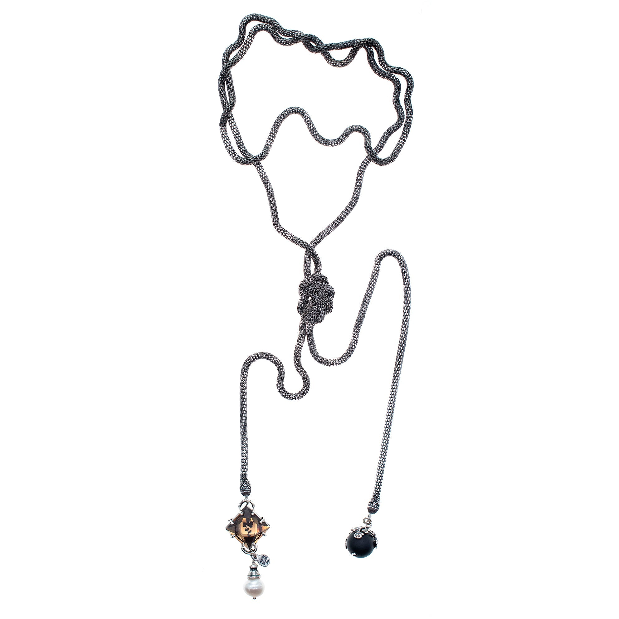 NK 26a14 Glass Intaglio Mesh Chain Lariat Necklace