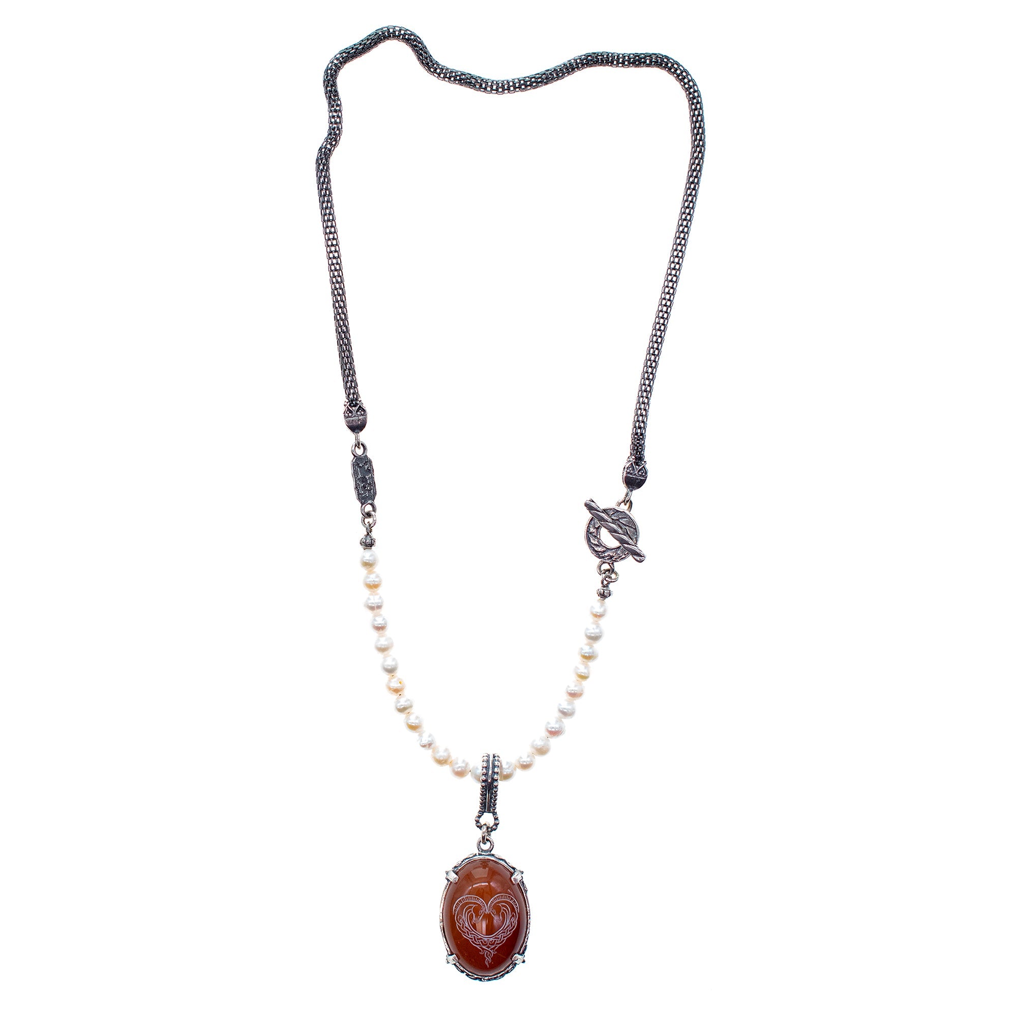 NK 26a15 Engraved Carnelian & Pearl Mesh Necklace