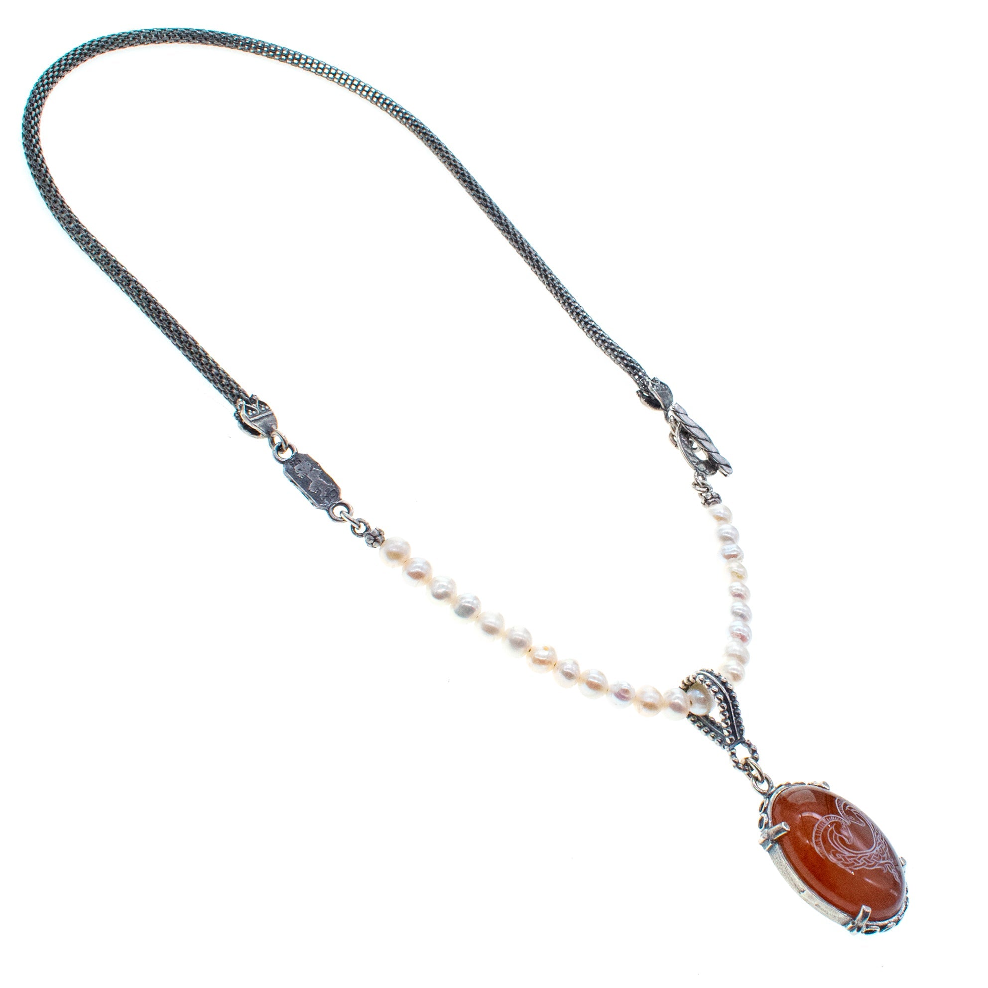 NK 26a15 Engraved Carnelian & Pearl Mesh Necklace