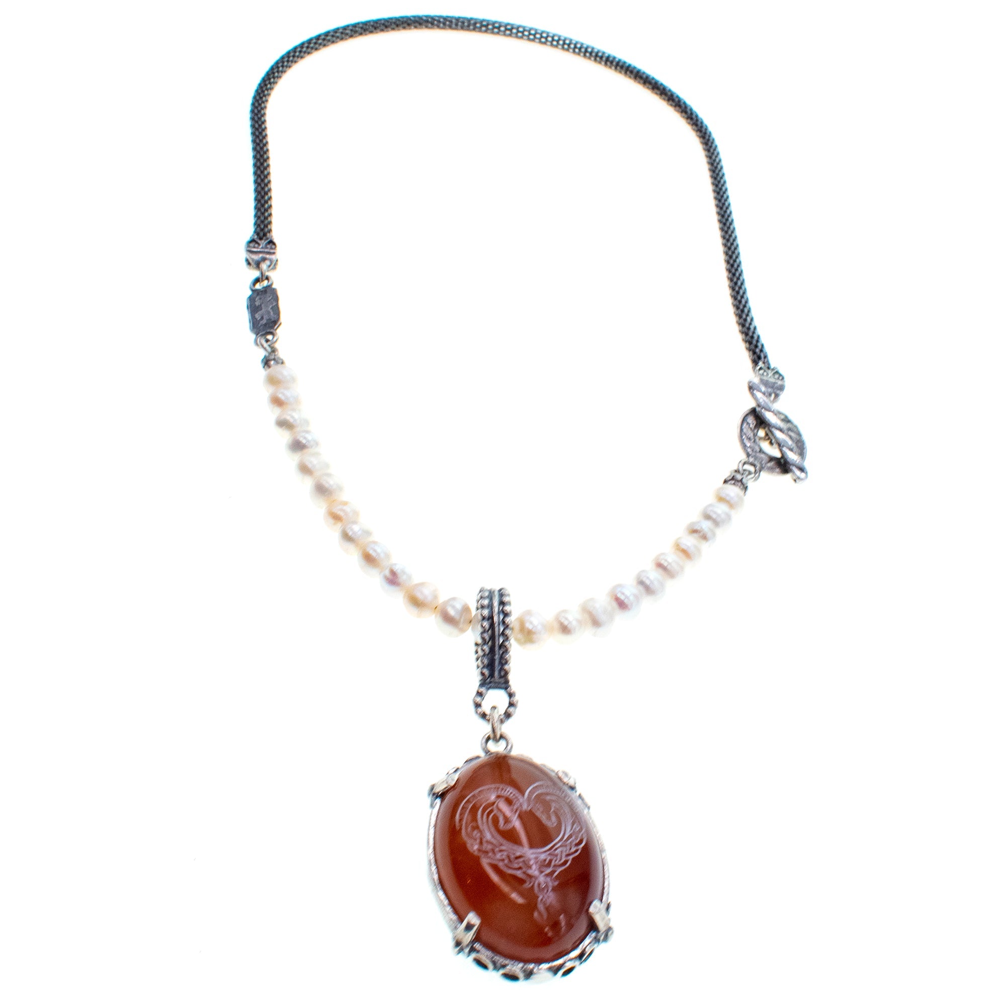 NK 26a15 Engraved Carnelian & Pearl Mesh Necklace