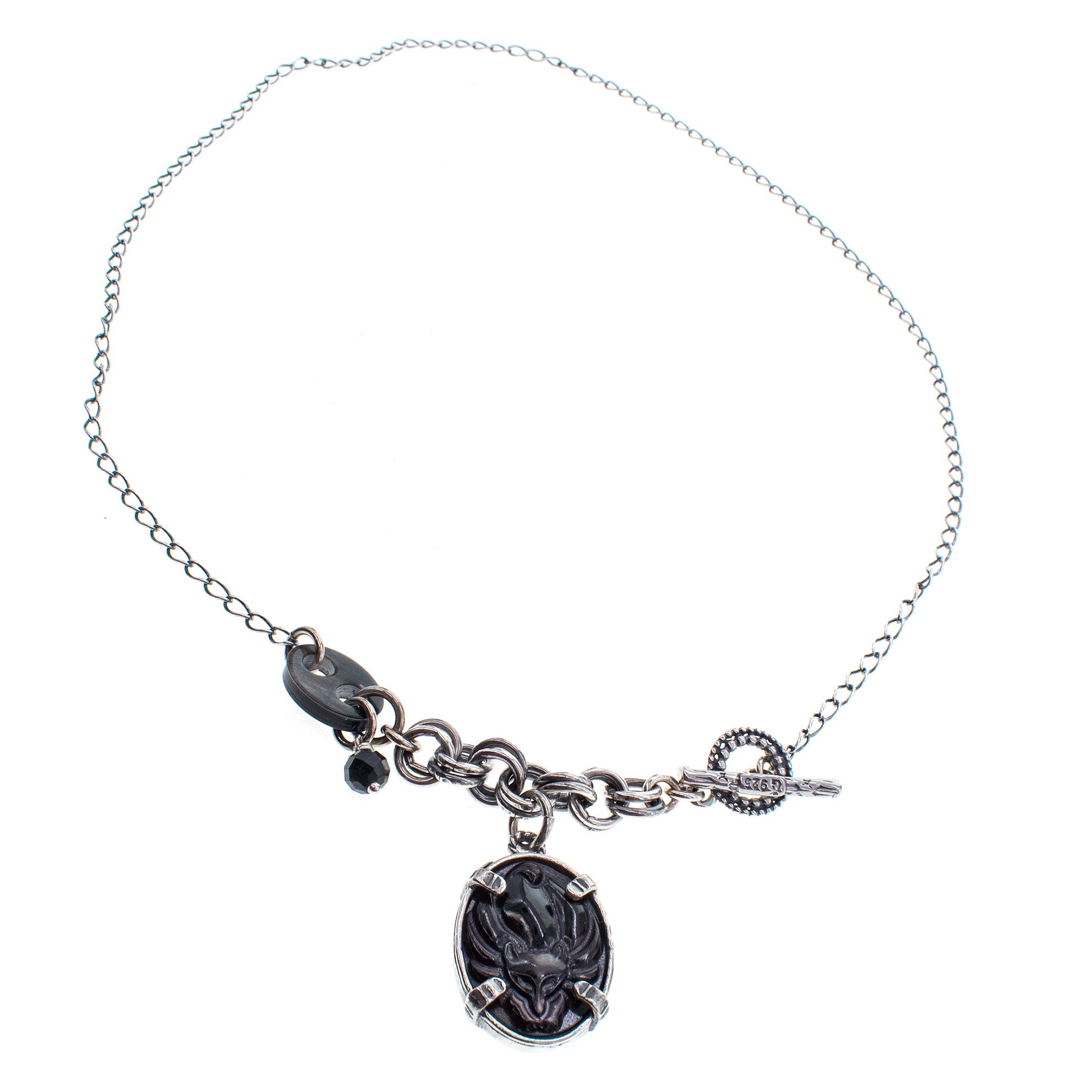 NK 26a17 Black Mother of Pearl "Fox" Cameo Pendant Necklace