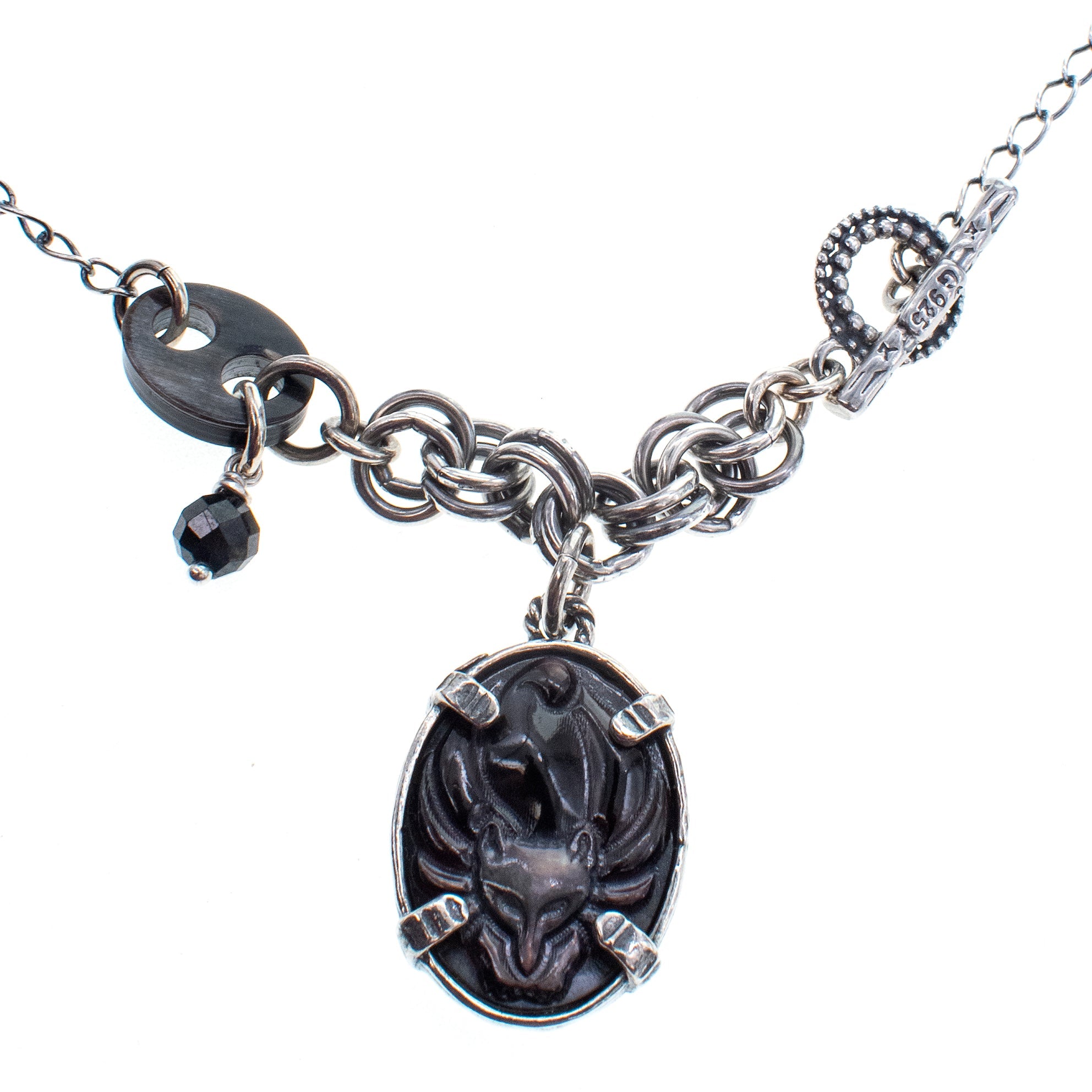 NK 26a17 Black Mother of Pearl "Fox" Cameo Pendant Necklace