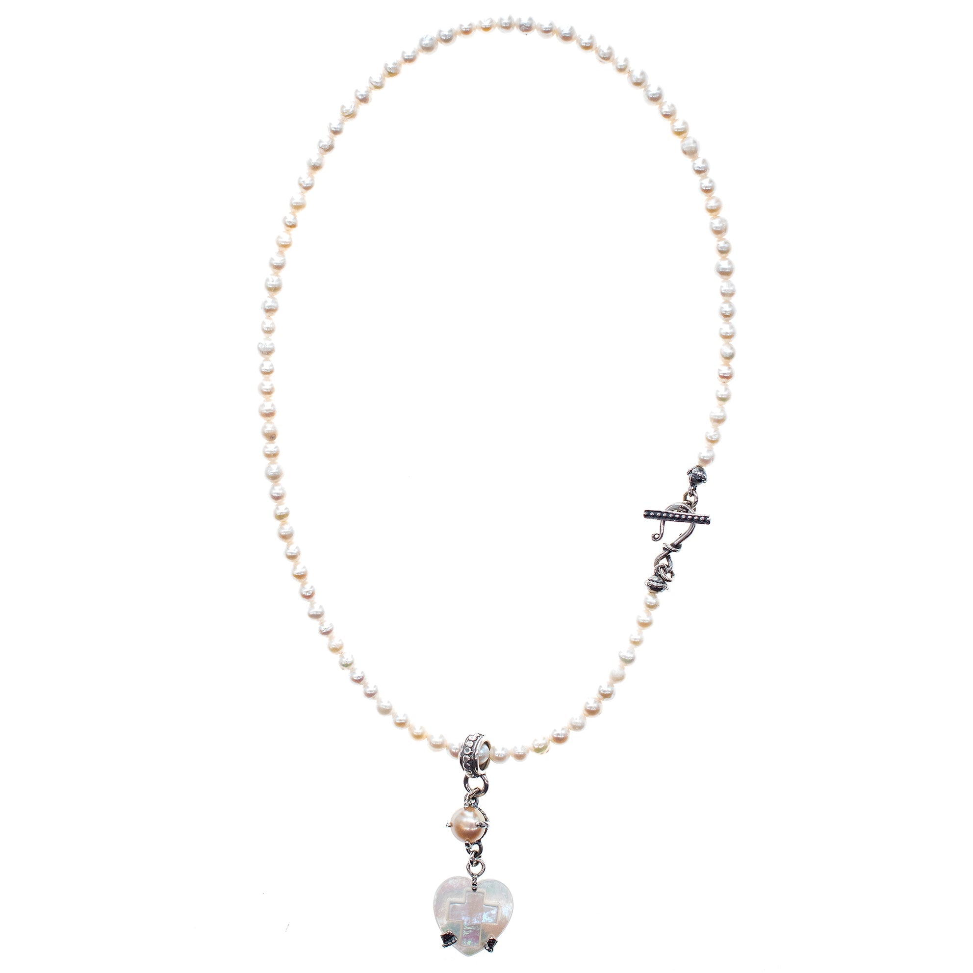 NK 26a18A White Mother of Pearl Heart & Pearl Necklace