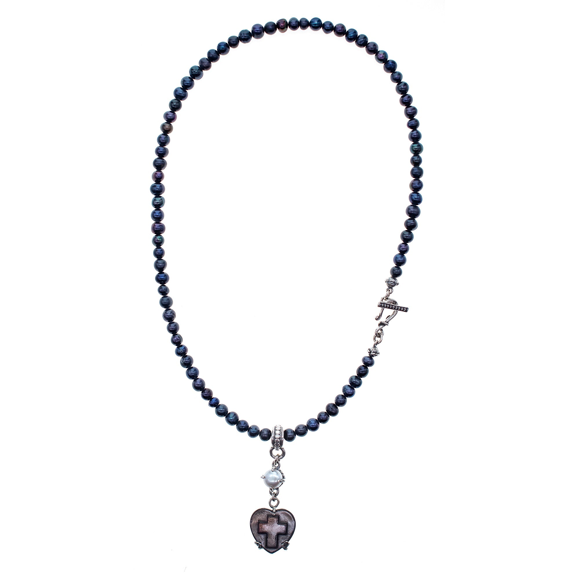 NK 26a18 Black Mother of Pearl Heart & Pearl Necklace