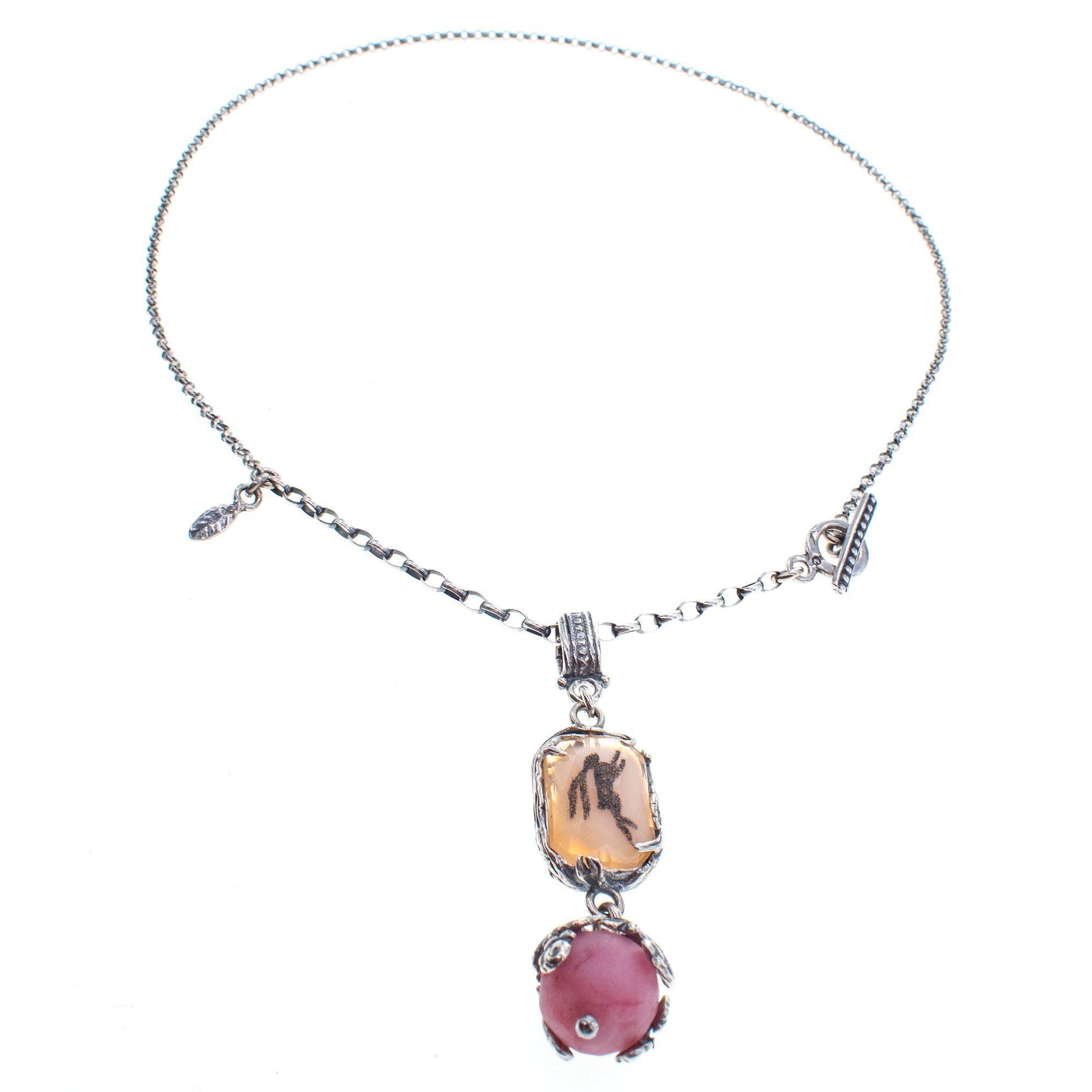 NK 26a19 Pink Vintage Glass Hare Pendant Necklace