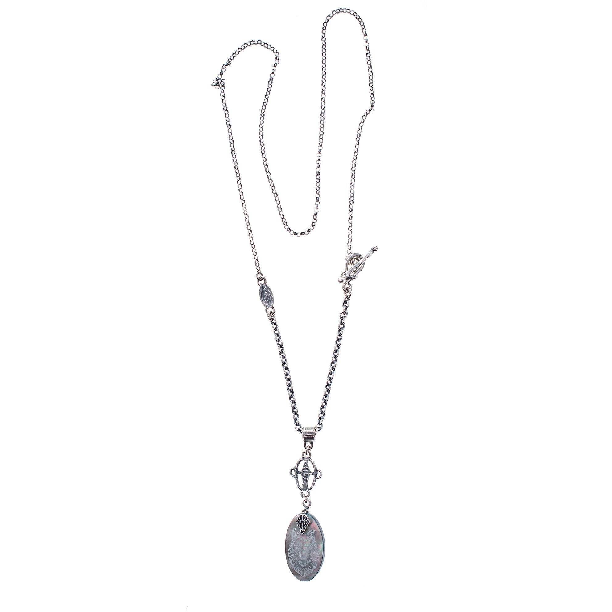 NK 26a20 Engraved Mother of Pearl "Wolf" Necklace