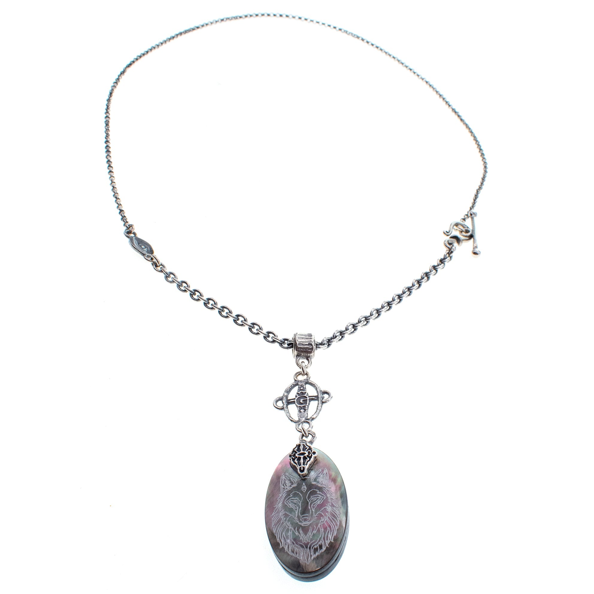 NK 26a20 Engraved Mother of Pearl "Wolf" Necklace