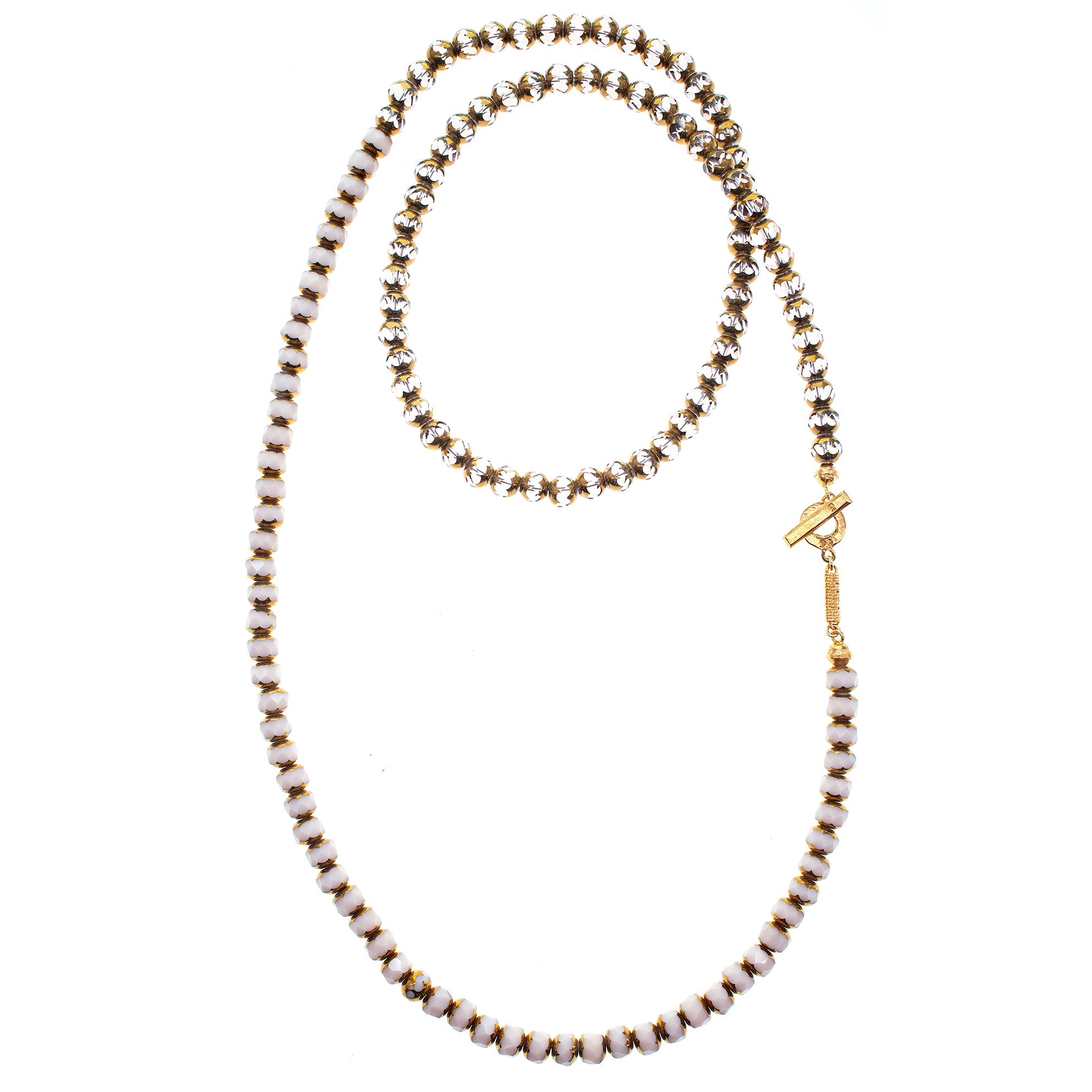 NK 26g05 white and gold Vintage Glass Bead Necklace
