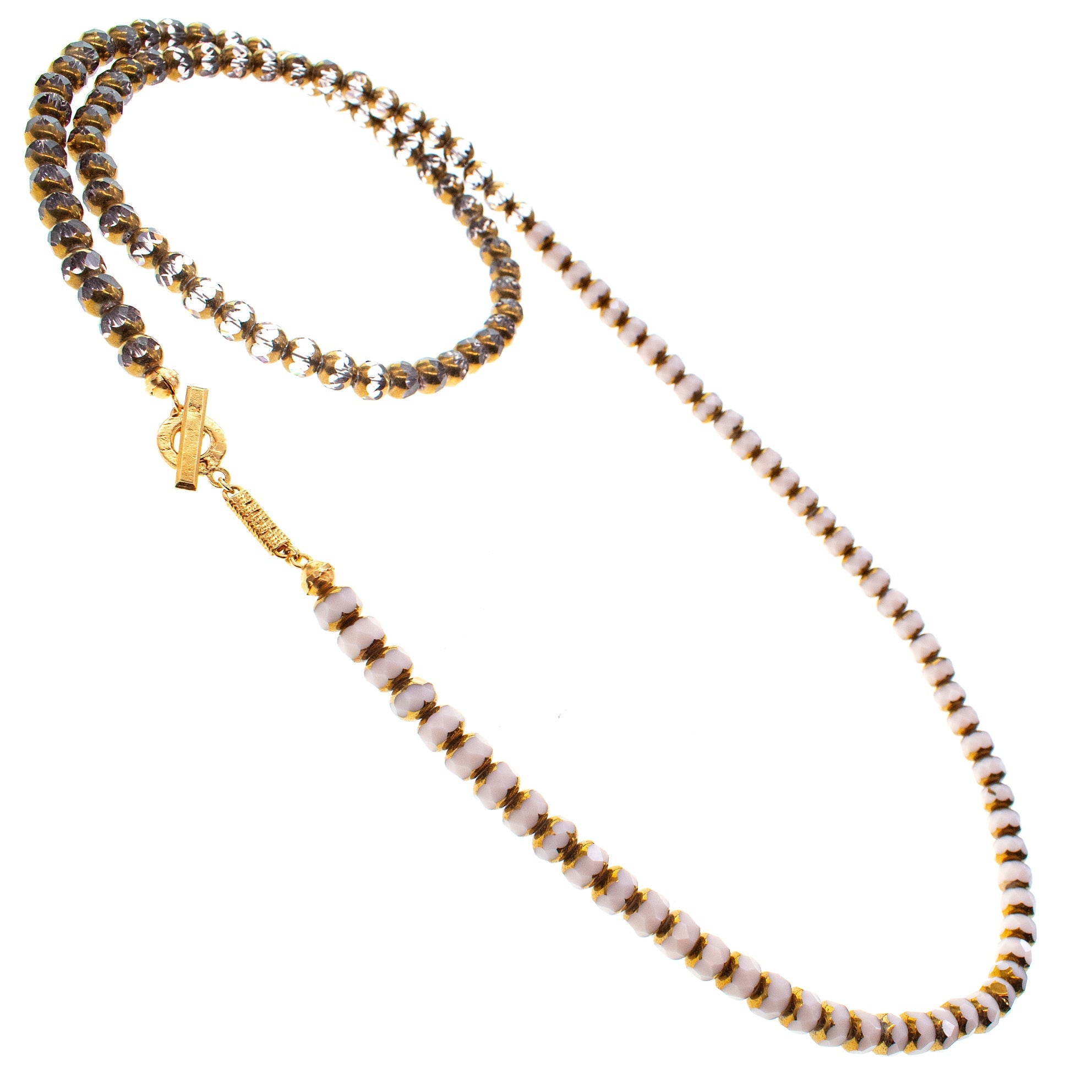 NK 26g05 white and gold Vintage Glass Bead Necklace