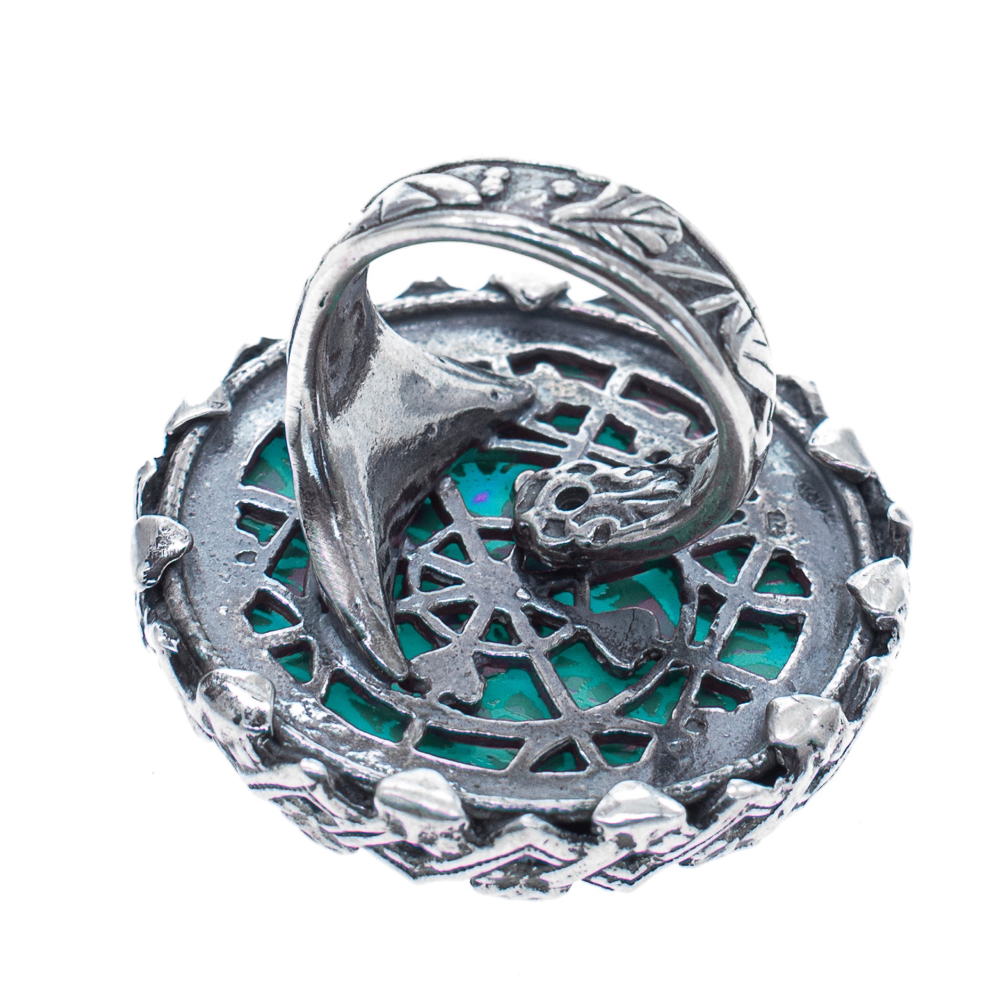 R 25e14B Blue Engraved Mirrored Glass Stone Ring