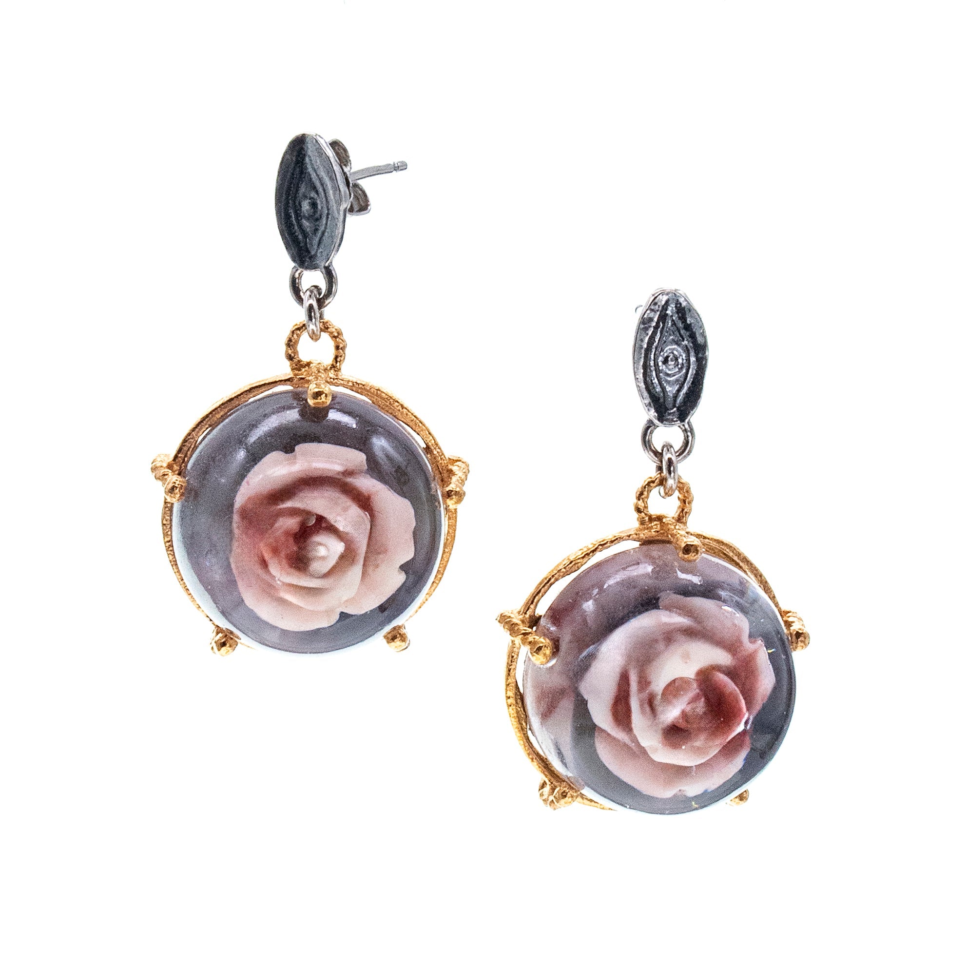 E 26a19 Rose in Resin Drop Earrings