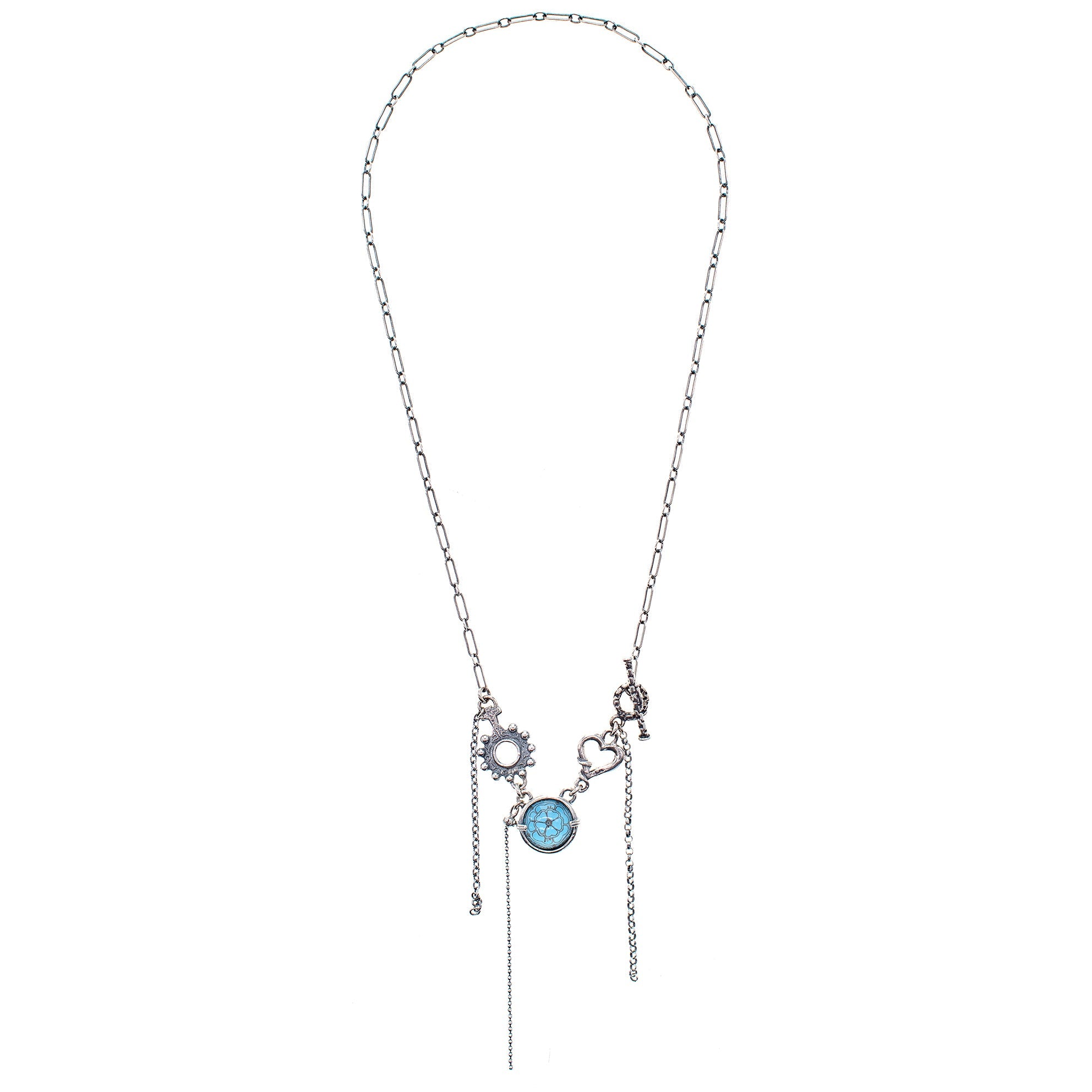 NK 25e14B Blue Intaglio Fringe Necklace