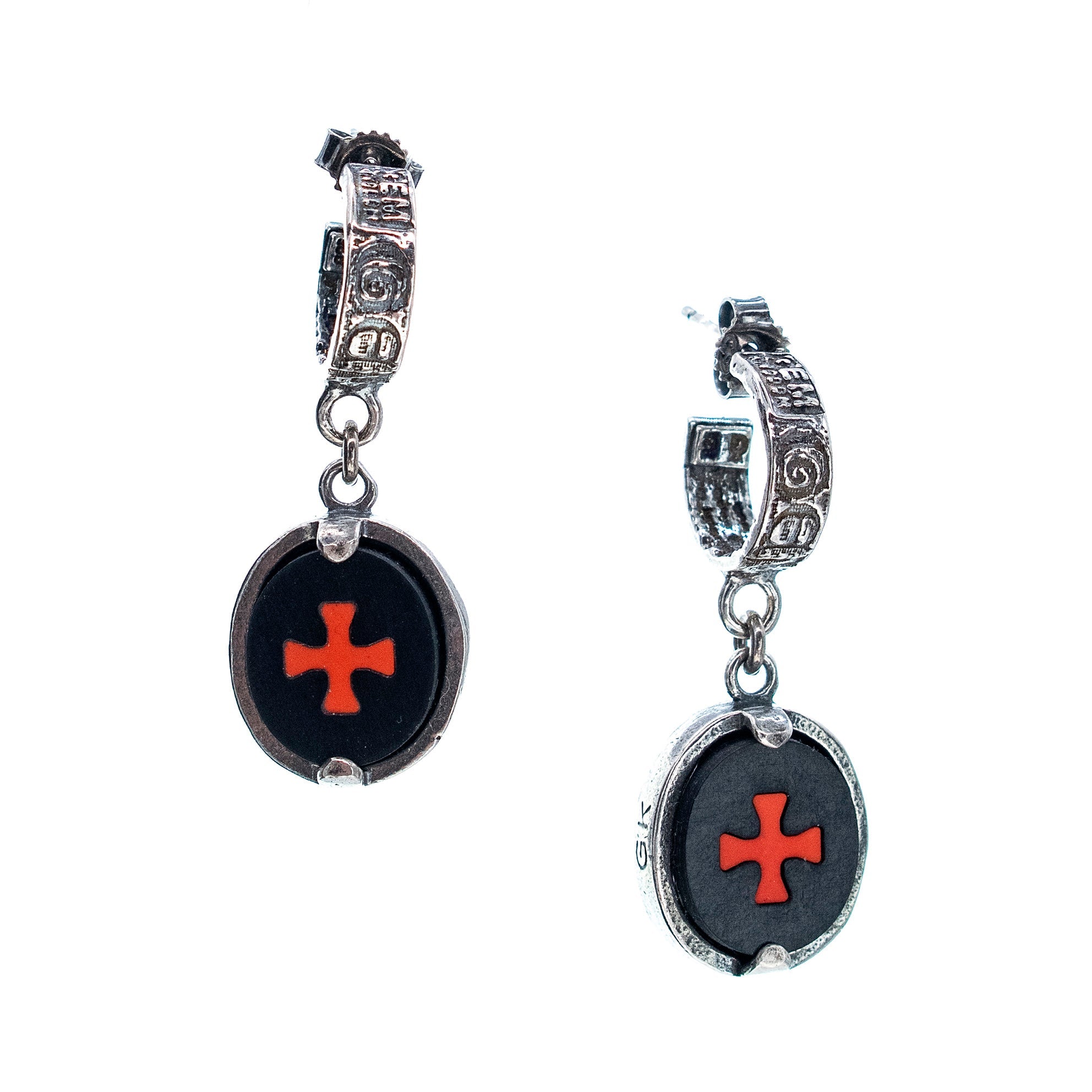 E 24e02 rebel rebel Black & Coral Inlay Cross Drop Earrings