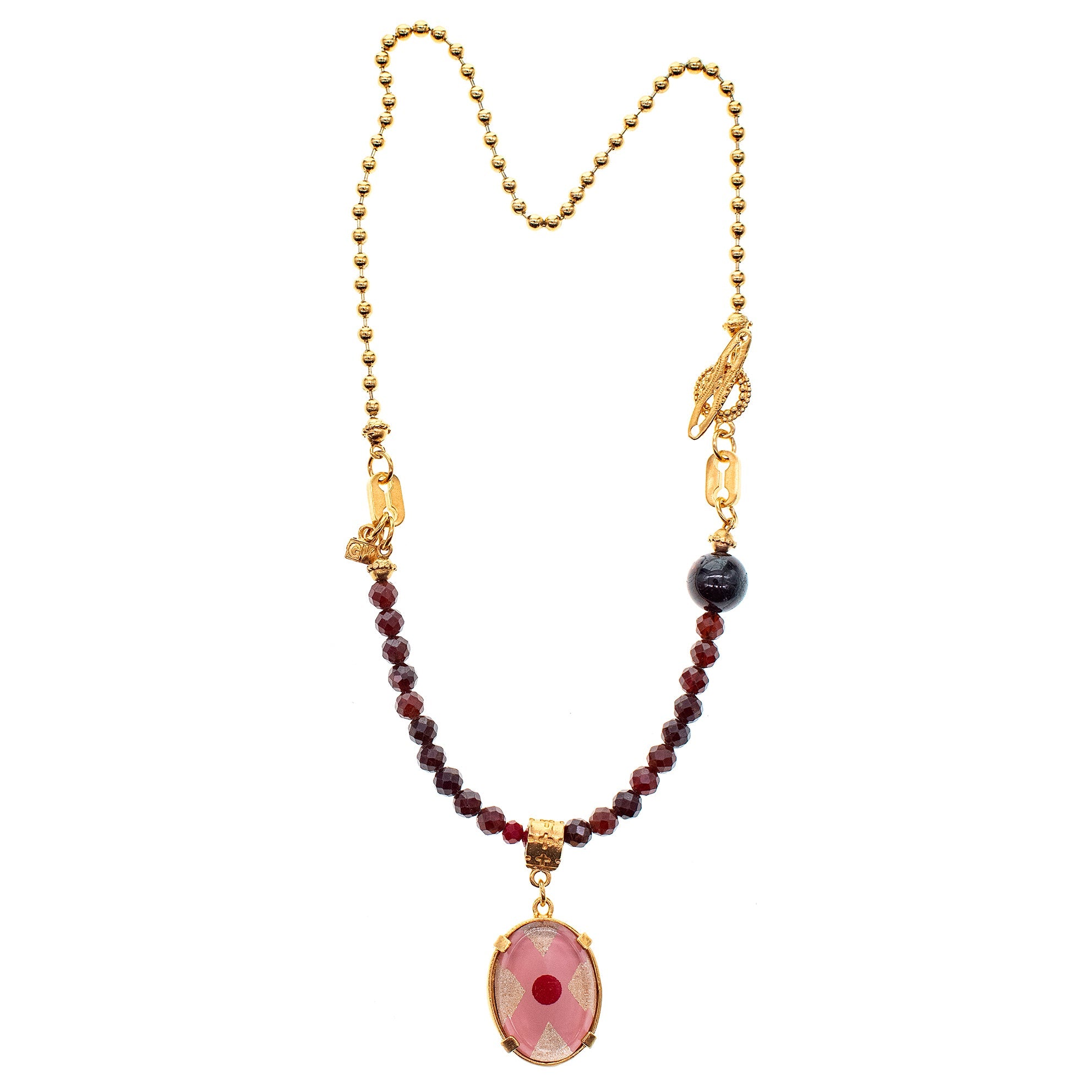 NK 25g26C Pink Intaglio Garnet Bead Necklace
